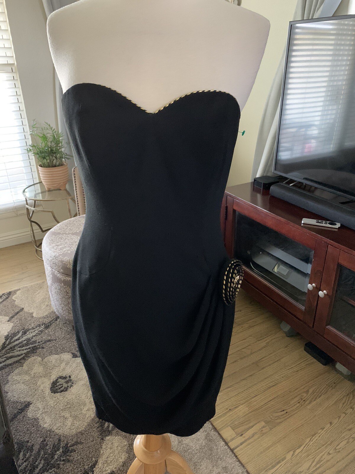 A.J. Bari vintage strapless black dress w/ gold trim & jewel flower size 4