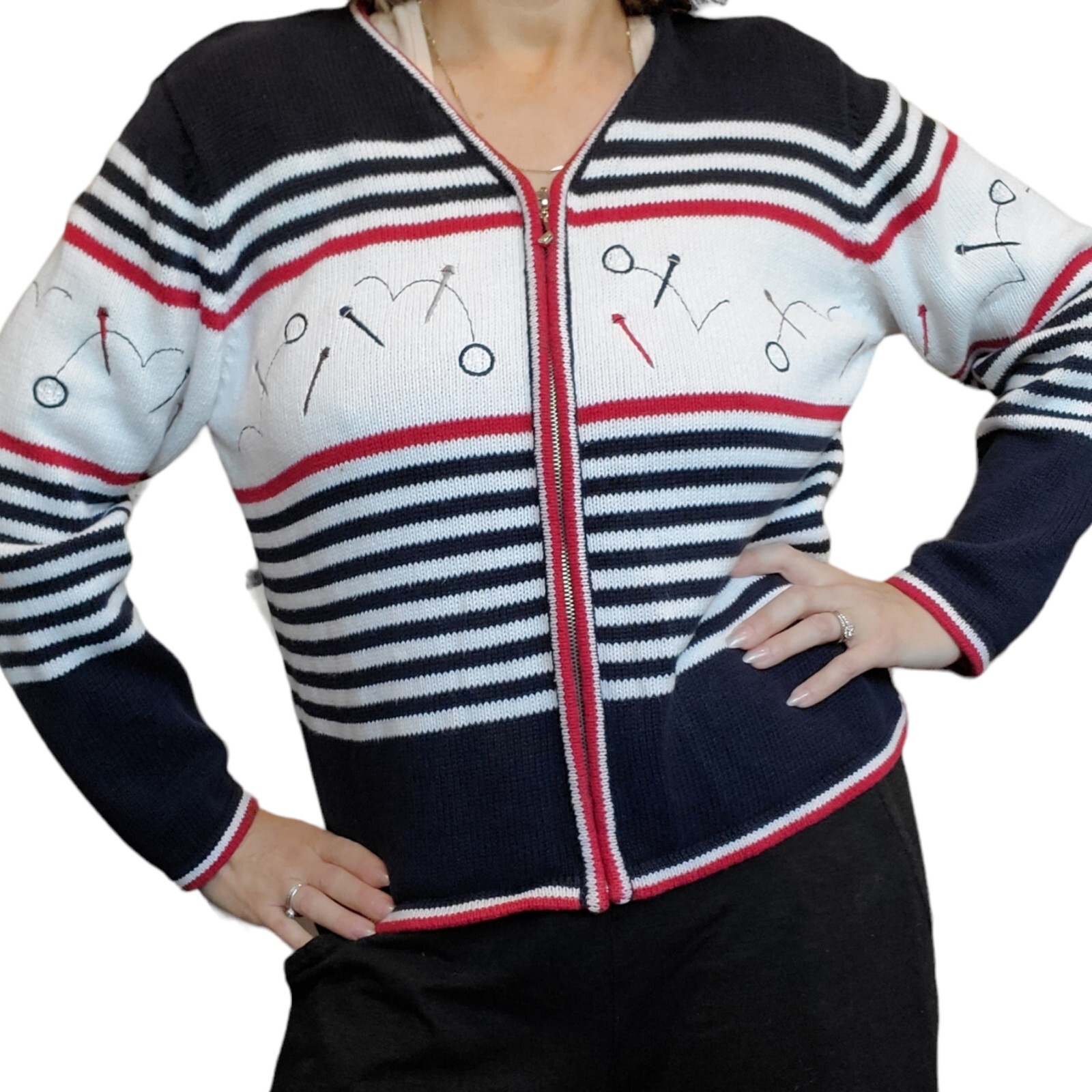 90s M Novelty Golf Tee Zipup Cardigan Sweater Preppy Striped Navy Country Club