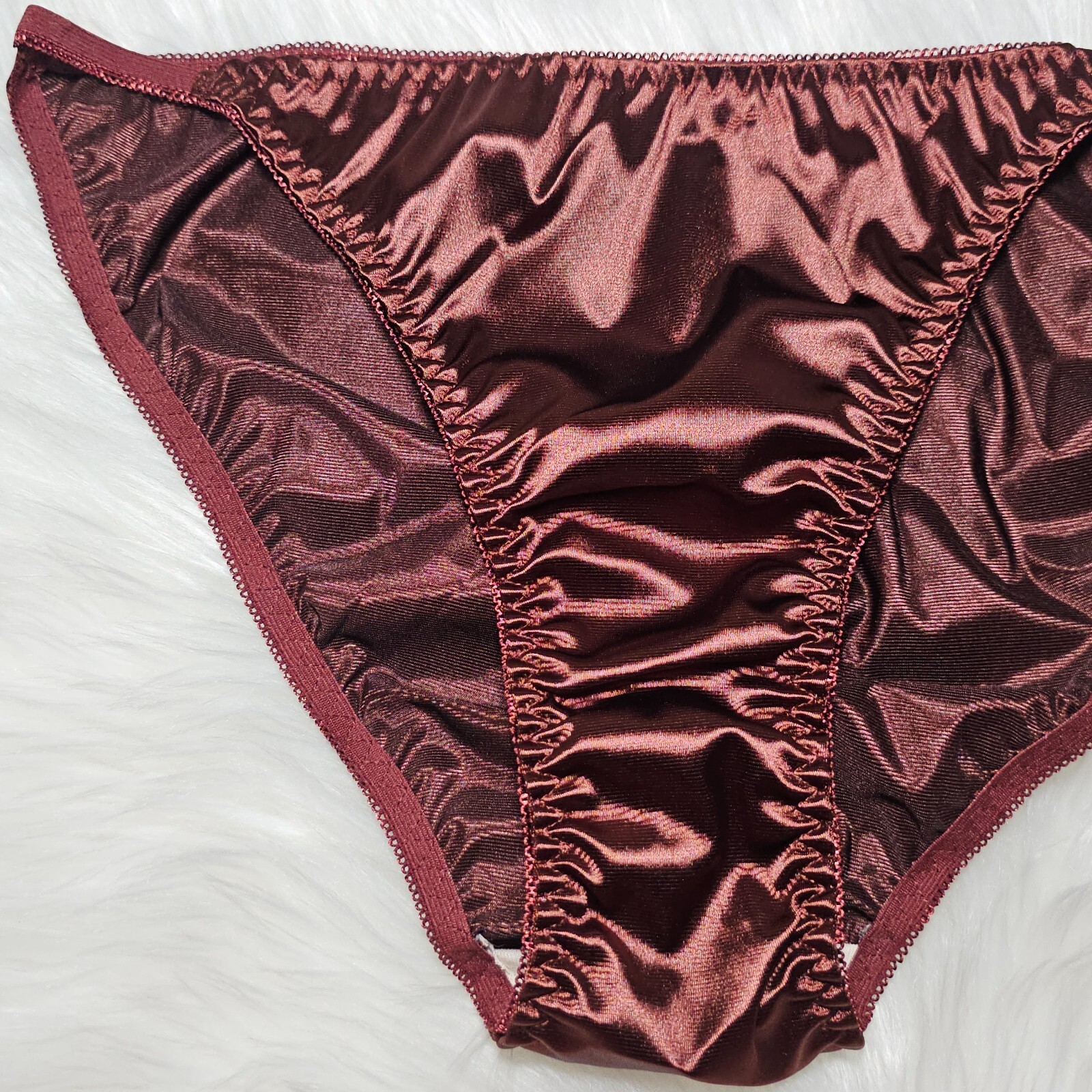 Vintage Glossy Satin Panty Sissy Brown String Bikini Brief Size 8-9 Hip 42-46″