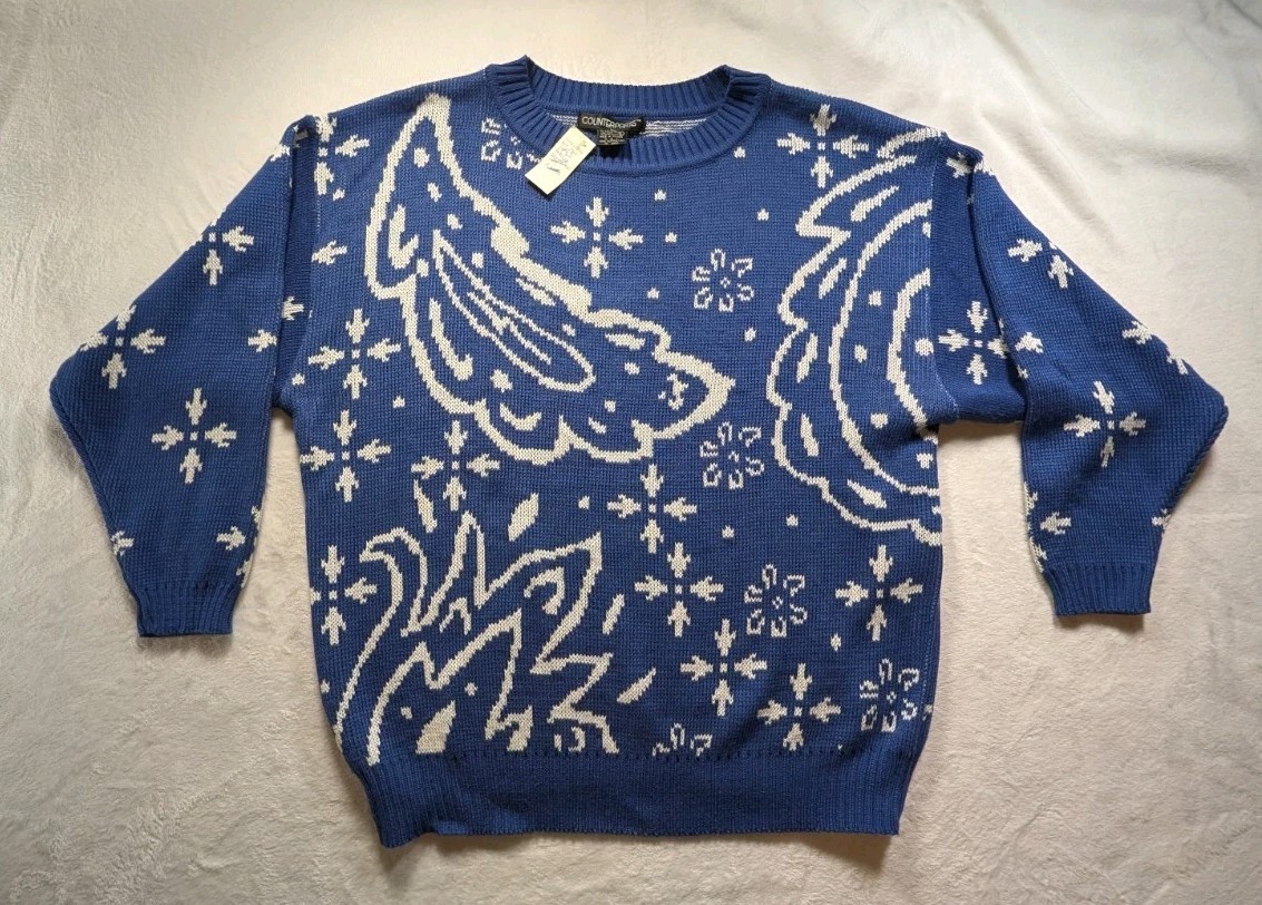 Vintage 90s Counterparts Blue White Graphic Knit Sweater L Deadstock NOS
