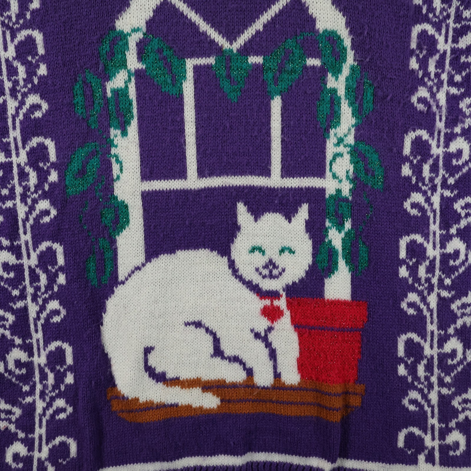 Vintage Spunky Womens Purple Cat Sweater 80s Window Novelty Knit Top Size Large