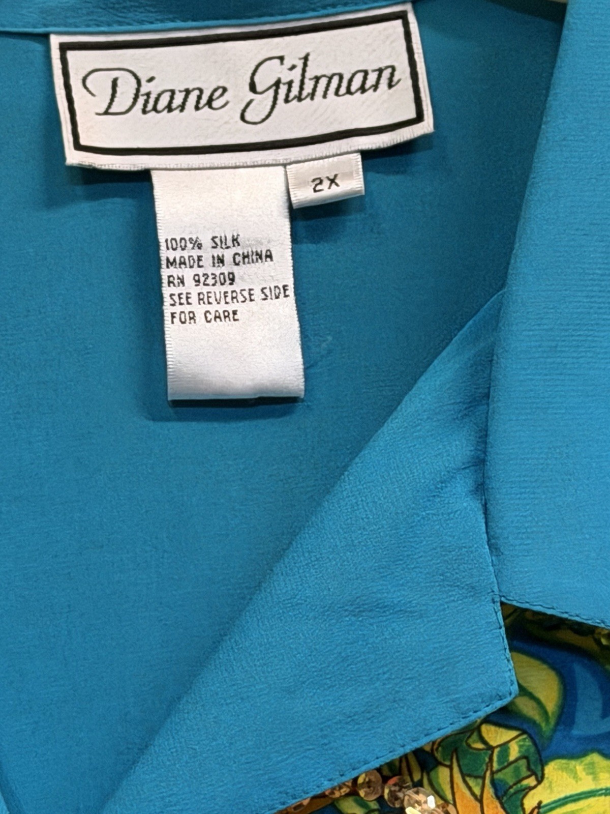 Diane Gilman 2X 100% Silk Tropical Sequin Blouse Embellished Resort Wear