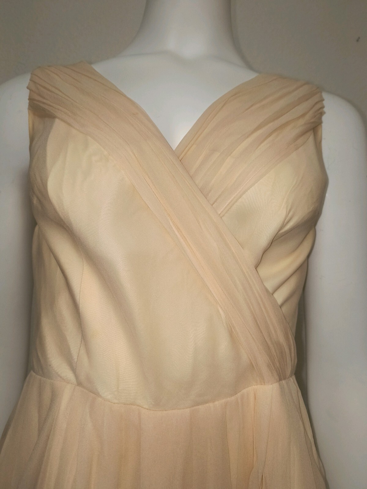 Vtg 1950s Ivory Pale Peach Chiffon V-Cut Neckline Cocktail Dress, Sz 4-6