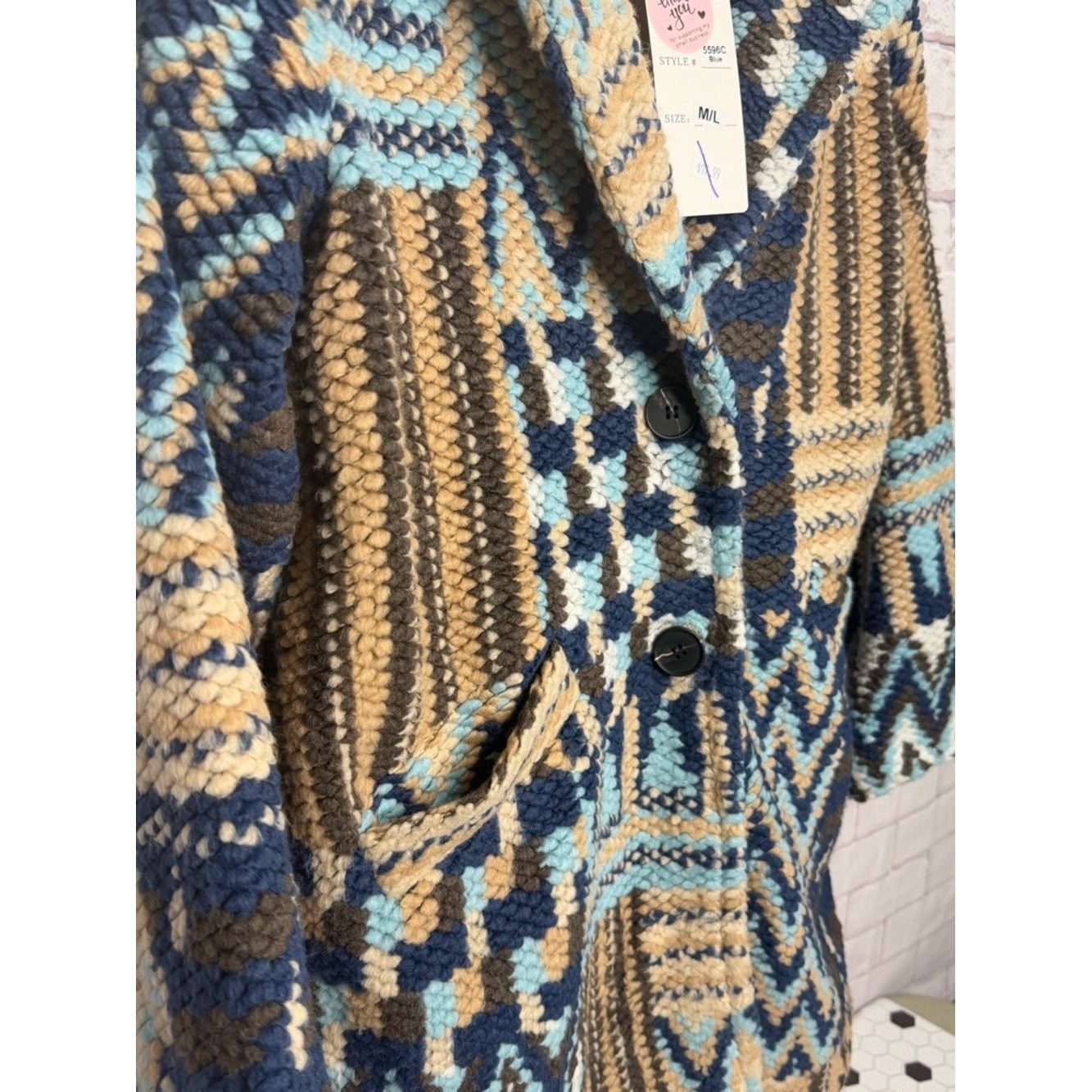 Tempo Paris Chunky Knit Patchwork Coat Neutral Blue Boho Aztec Jacket Sz Med/Lg