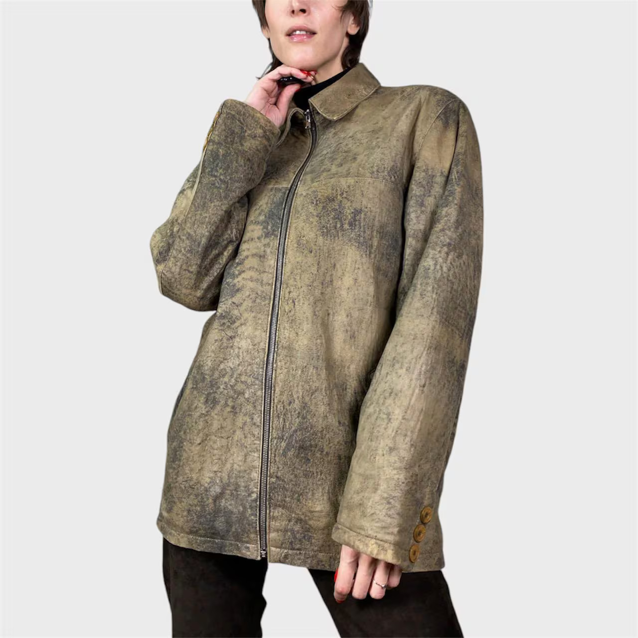 Vintage Distressed Lamb Leather Jacket: Oversized Brown Unisex size US10