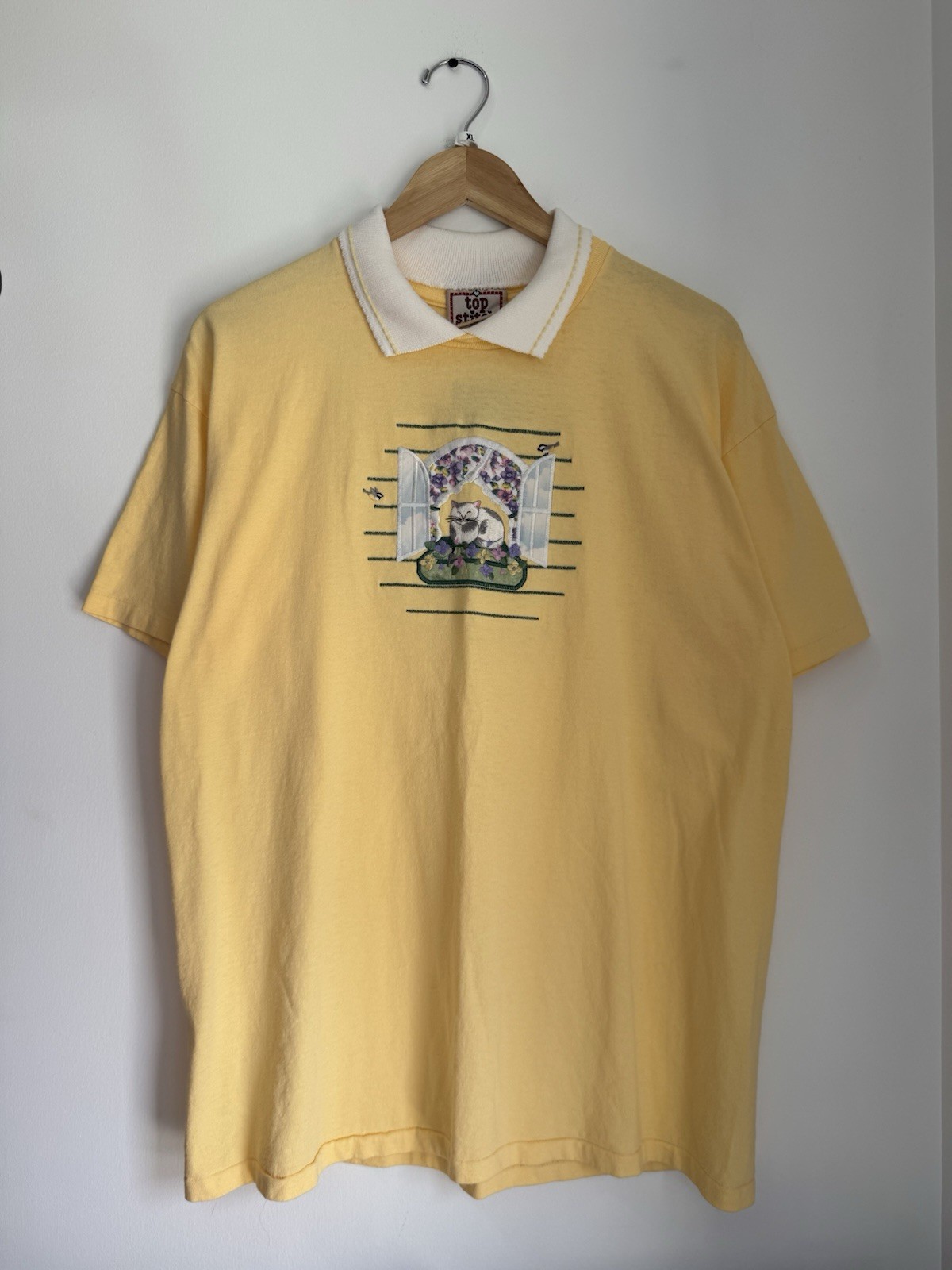 Vintage 90s Top Stitch by Morning Sun Cottage Embroidered Cat Collared Shirt XL