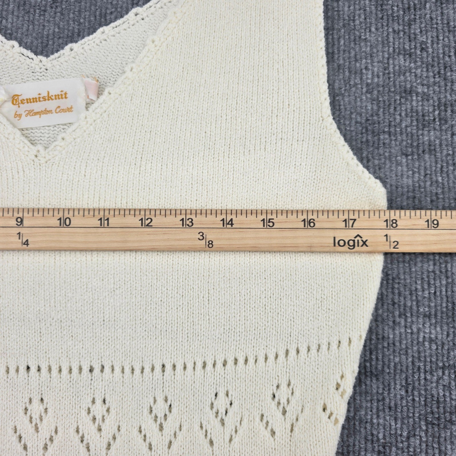 Vintage Tennisknit by Hampton Court Cream Pointelle Knit V-Neck Tennis Dress L