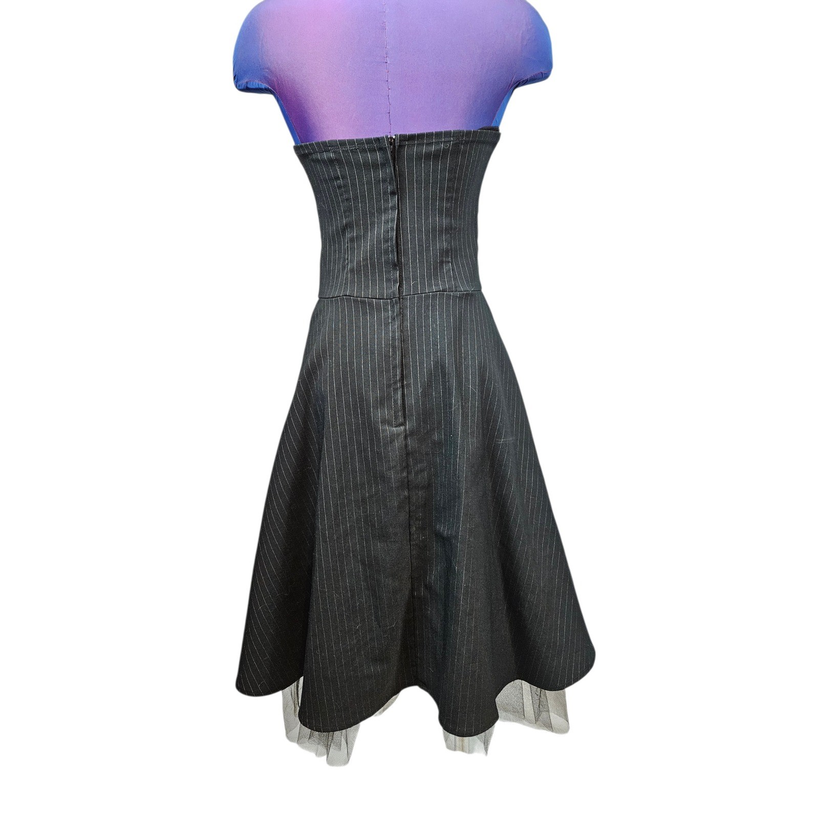 Vintage La Belle Pinstripe Strapless Midi Dress Floral Embroidery Black Red USA