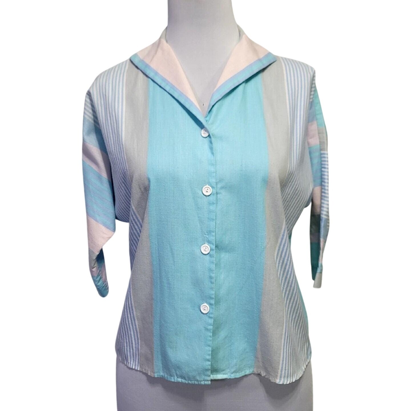 Sweet n Sassy Vintage Pastel Striped Collar Blouse Aqua Pink Blue 80s 90s Top