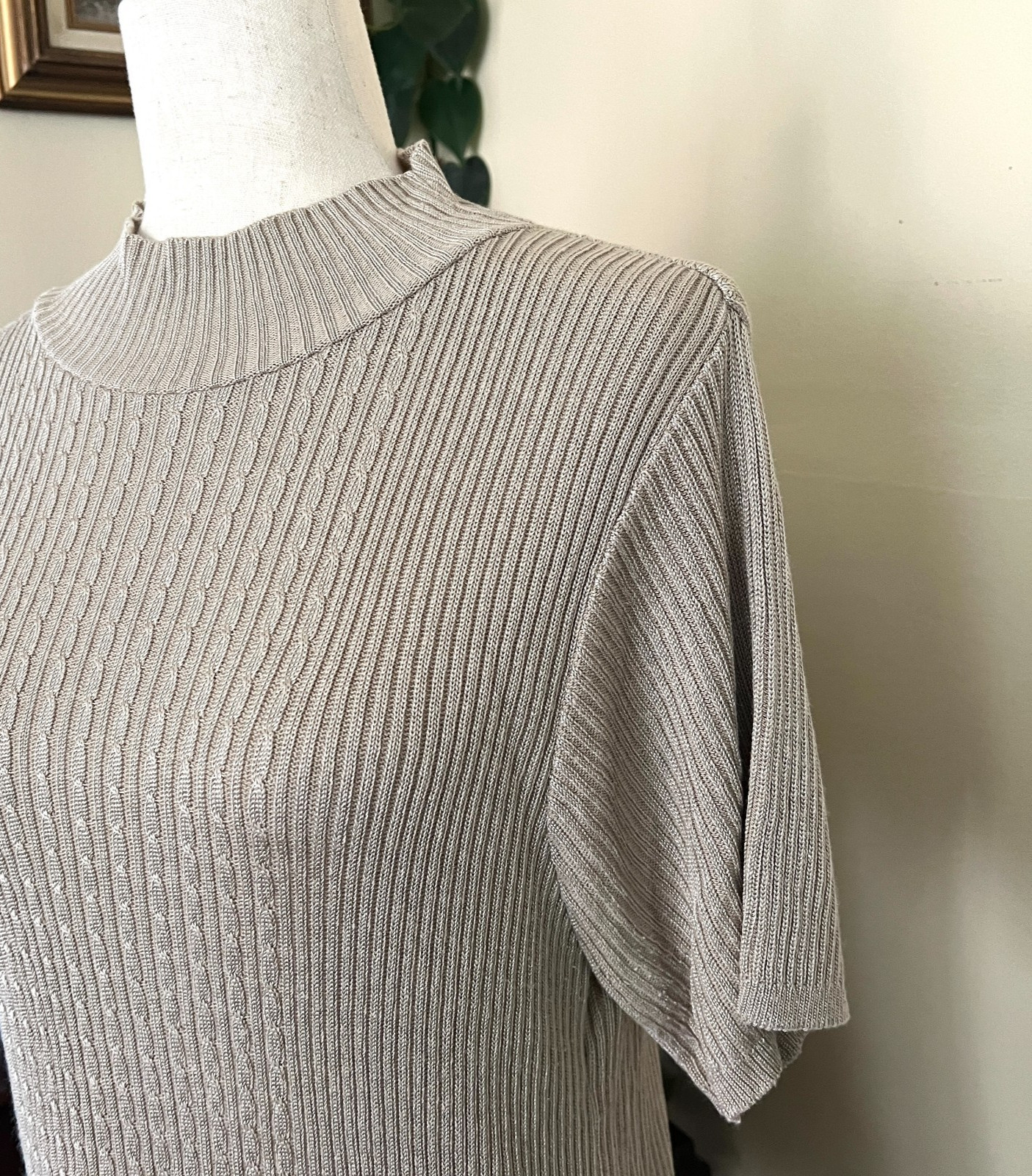 Vintage Jaclyn Smith Beige Short Sleeve Cable Knit Ribbed Sweater sz S