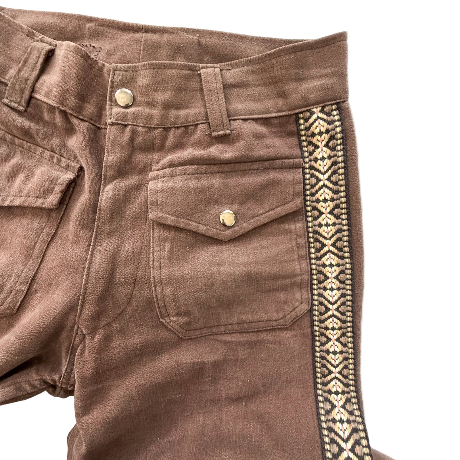 VTG Brown Bell Bottom Jeans, Tapestry Banding, 70s/80s Hippie Pants 29″ Waist