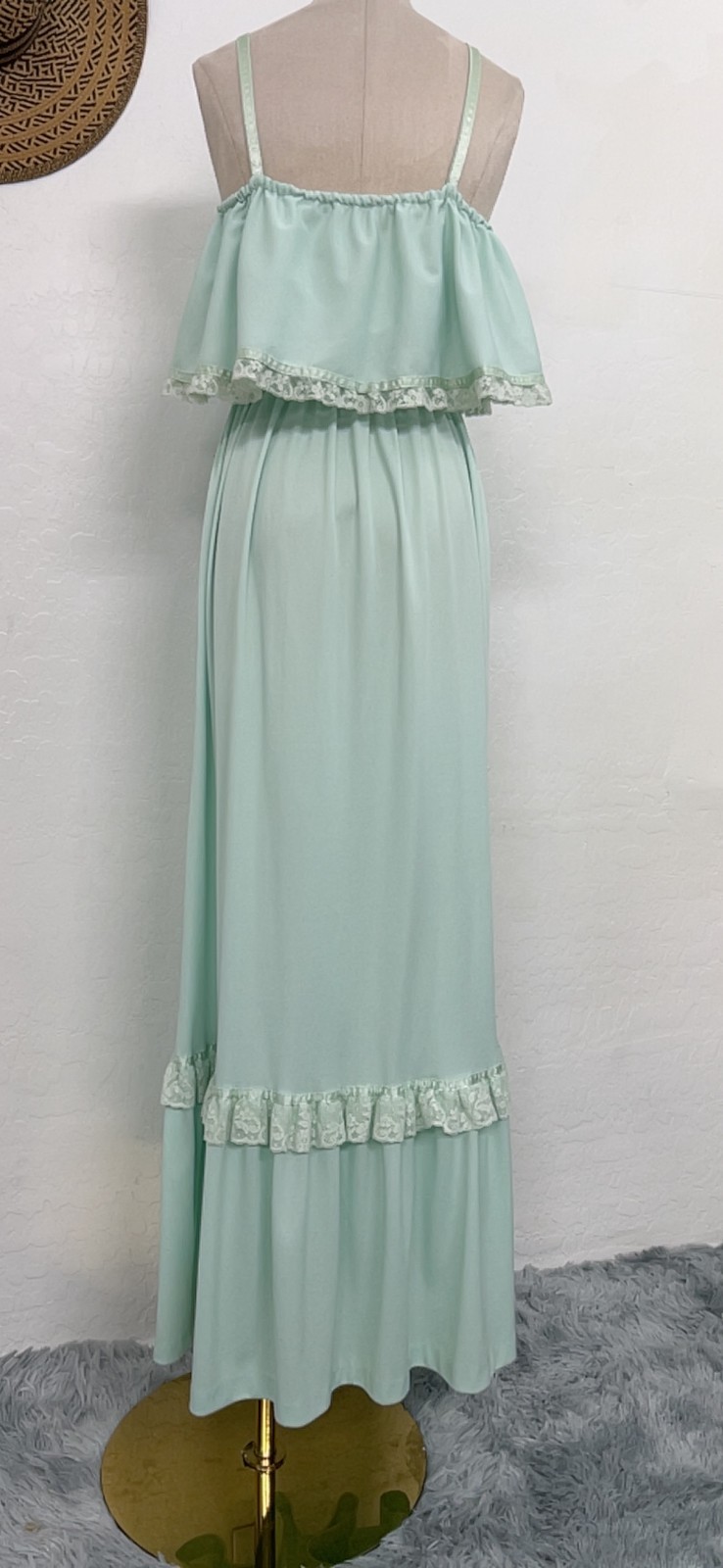 VTG Vicky Vaughn maxi baby doll dress sz S/M – mint green lace ruffle prairie