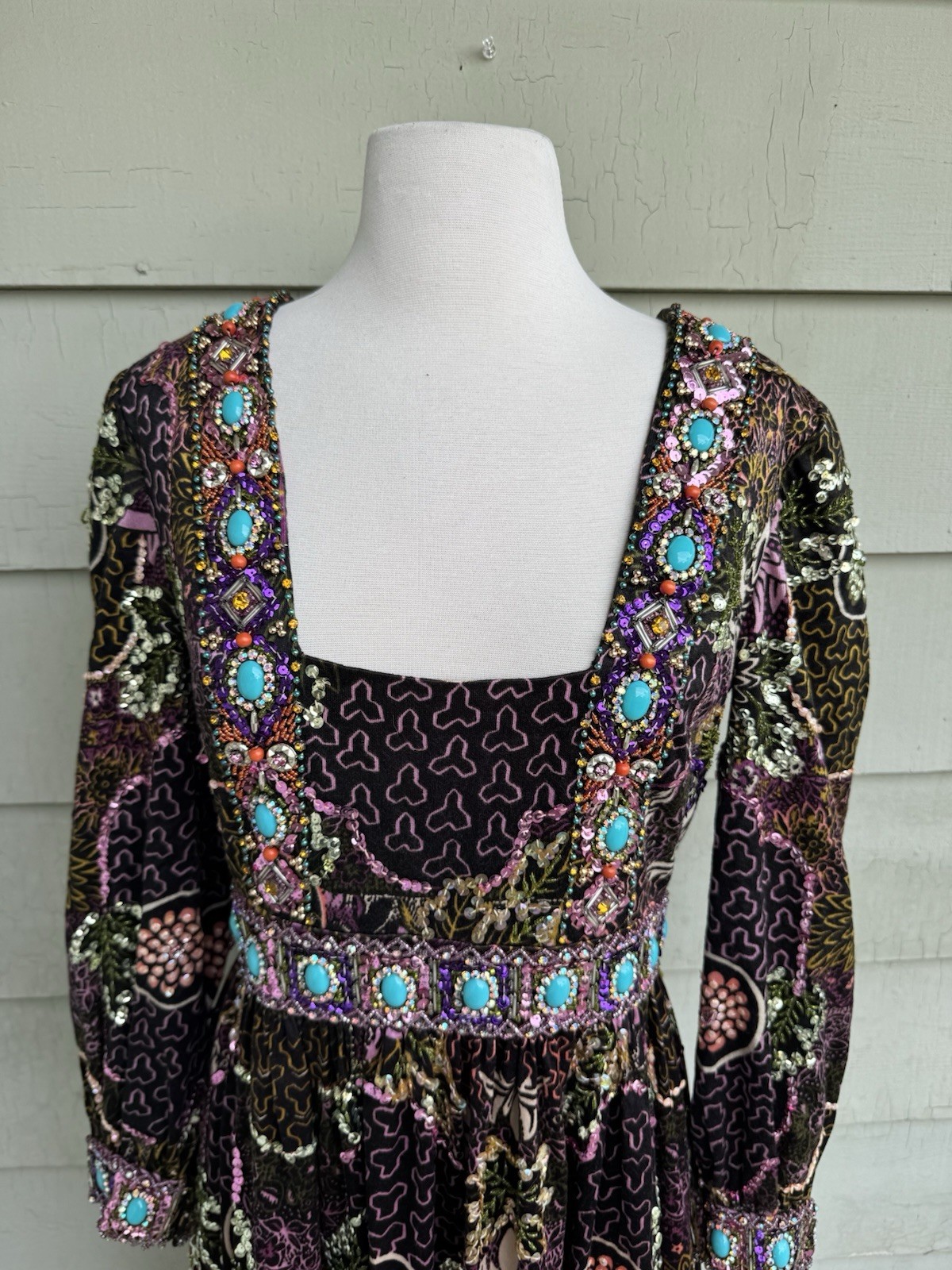 70’s Valentina Ltd Embellished Maxi Dress 12 Boho Sequin Jewels Hostess Gown 28”