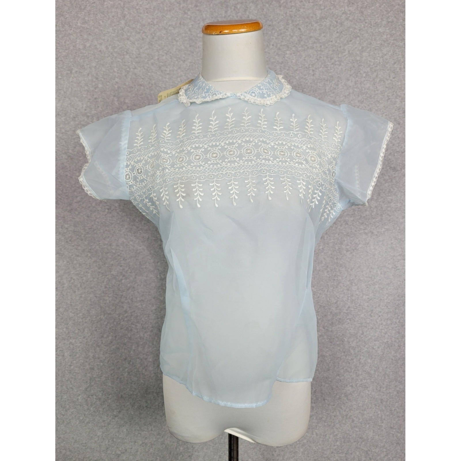 Vintage Kay Lord Blue Sheer Nylon Embroidered Lace Peter Pan Blouse Size 38 NWT