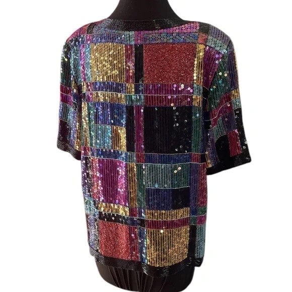 Vintage 80s Jean for Joseph Le Bon Silk Color block Beaded Sequined Blouse, Med