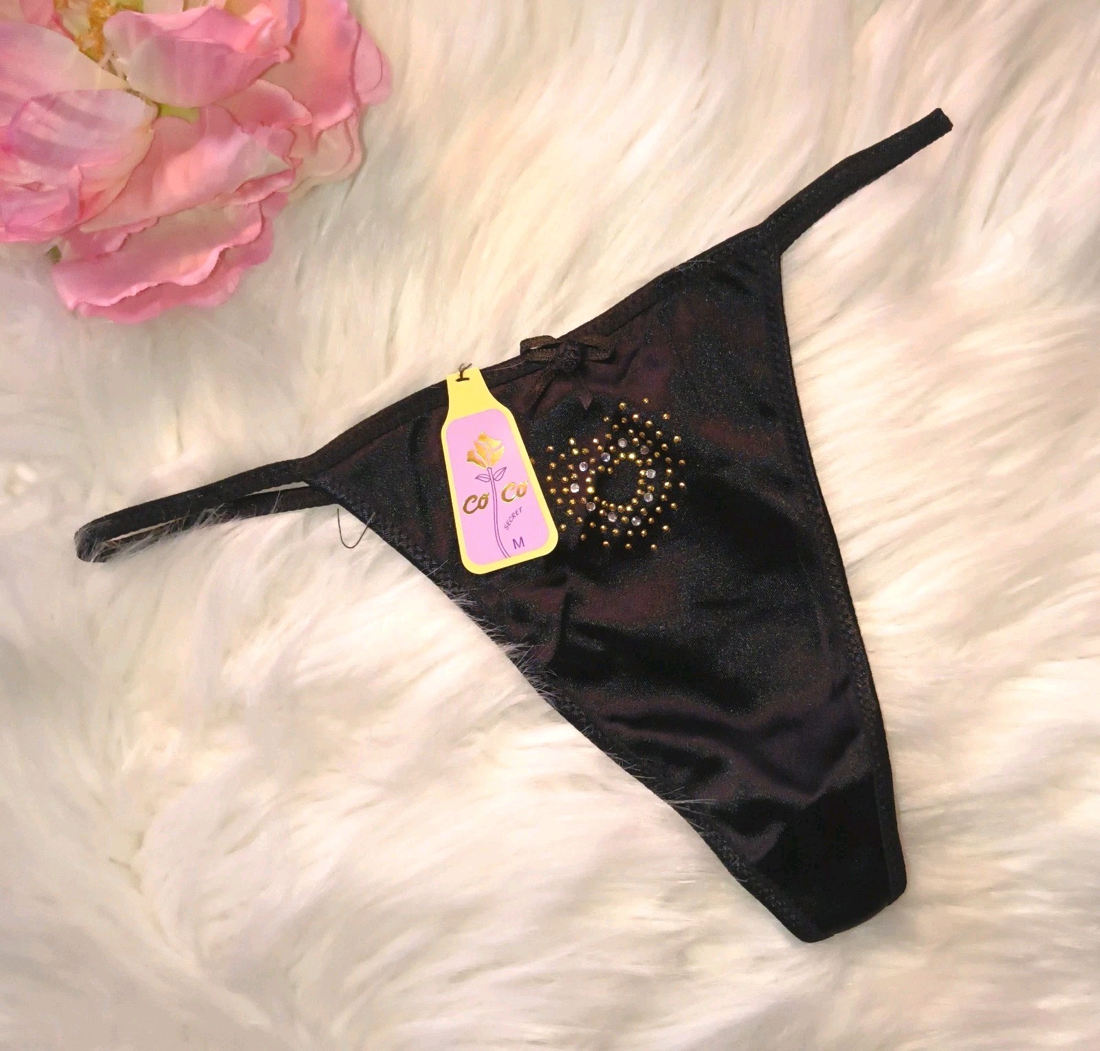 Vintage Coco Secret Second Skin Satin G-String Thong Panties Rhinestone Onyx M/6