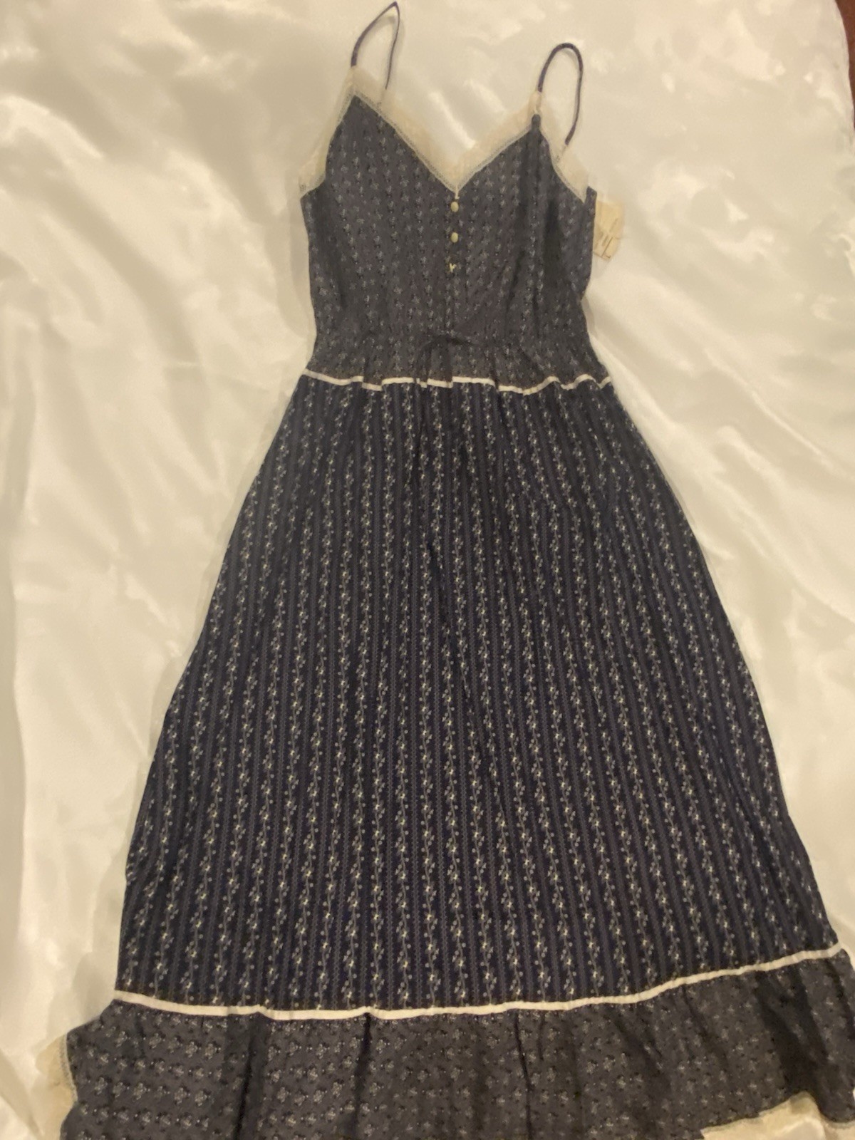JCPenney navy cotton sun dress spaghetti straps floral lace prairie NWT Large