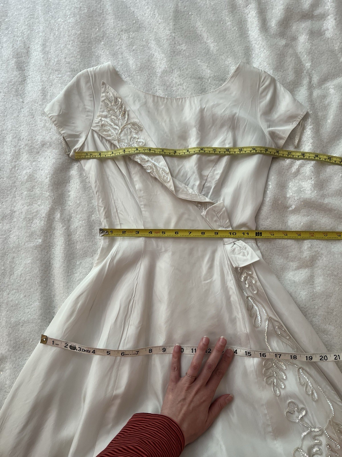 1960s Vintage Emma Domb Ivory Wedding Gown Cotillion Formal Sequin Dress XXS XS