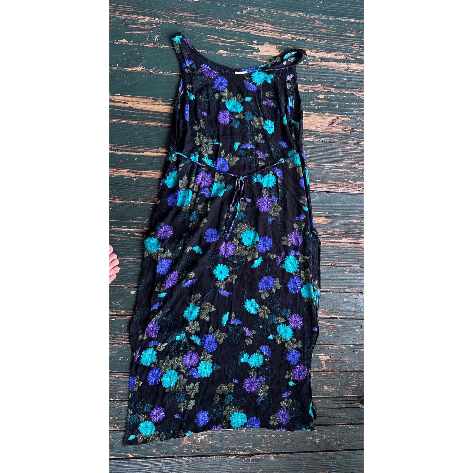 Darian Vintage Floral Maxi Dress Black Teal Purple Rayon Crepe Sleeveless Sz 14