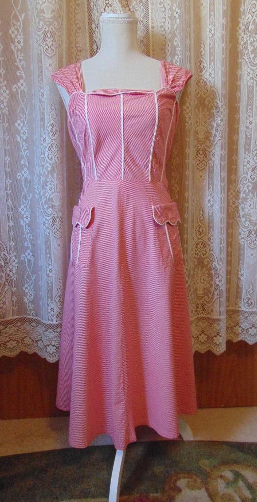 VTG 1940s Luv Lee Red & White Stripe Cotton Sun Dress M/Lg