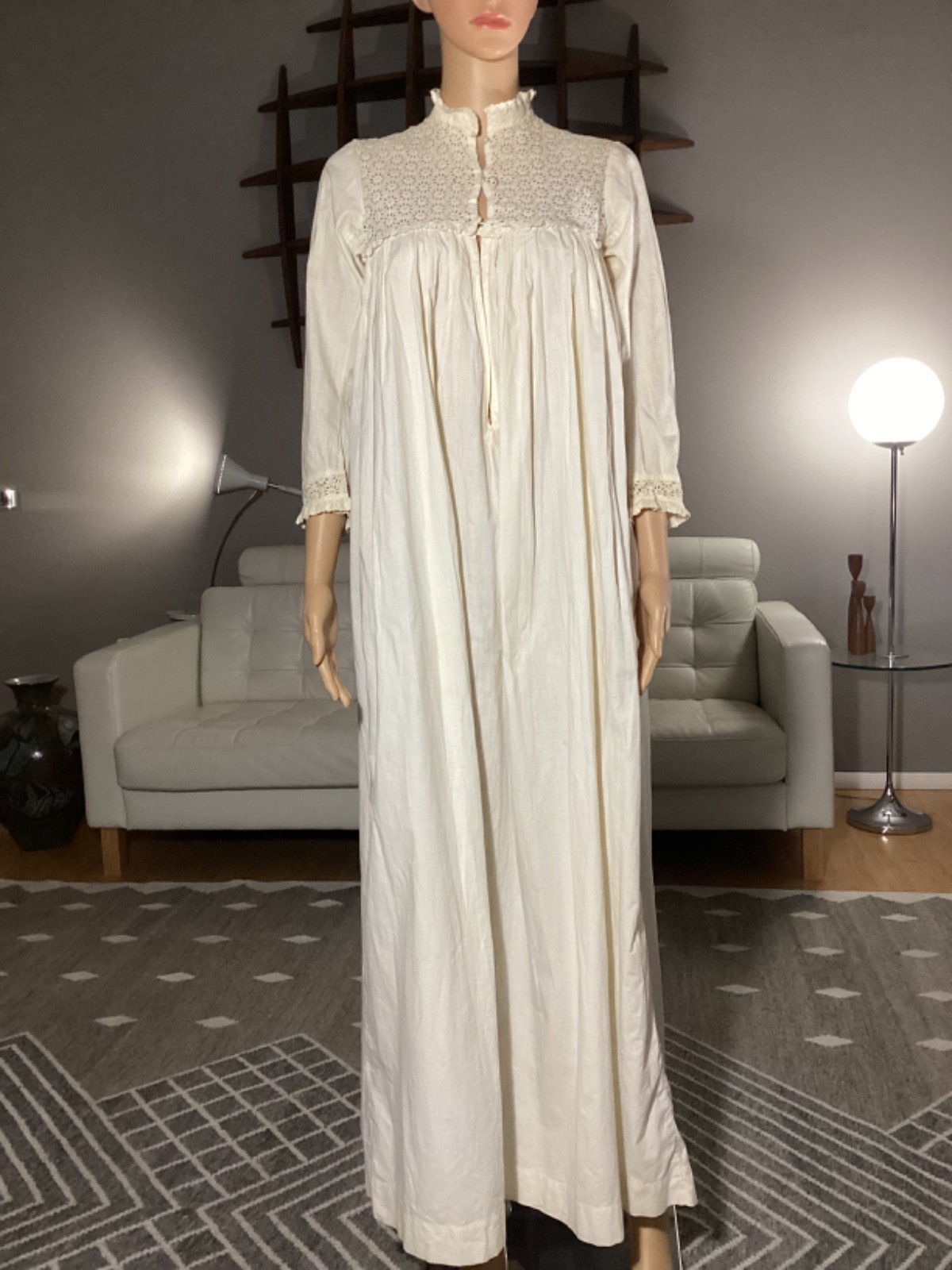 Antique Victorian Edwardian Cotton Eyelet Lace Long Nightgown Glass Buttons