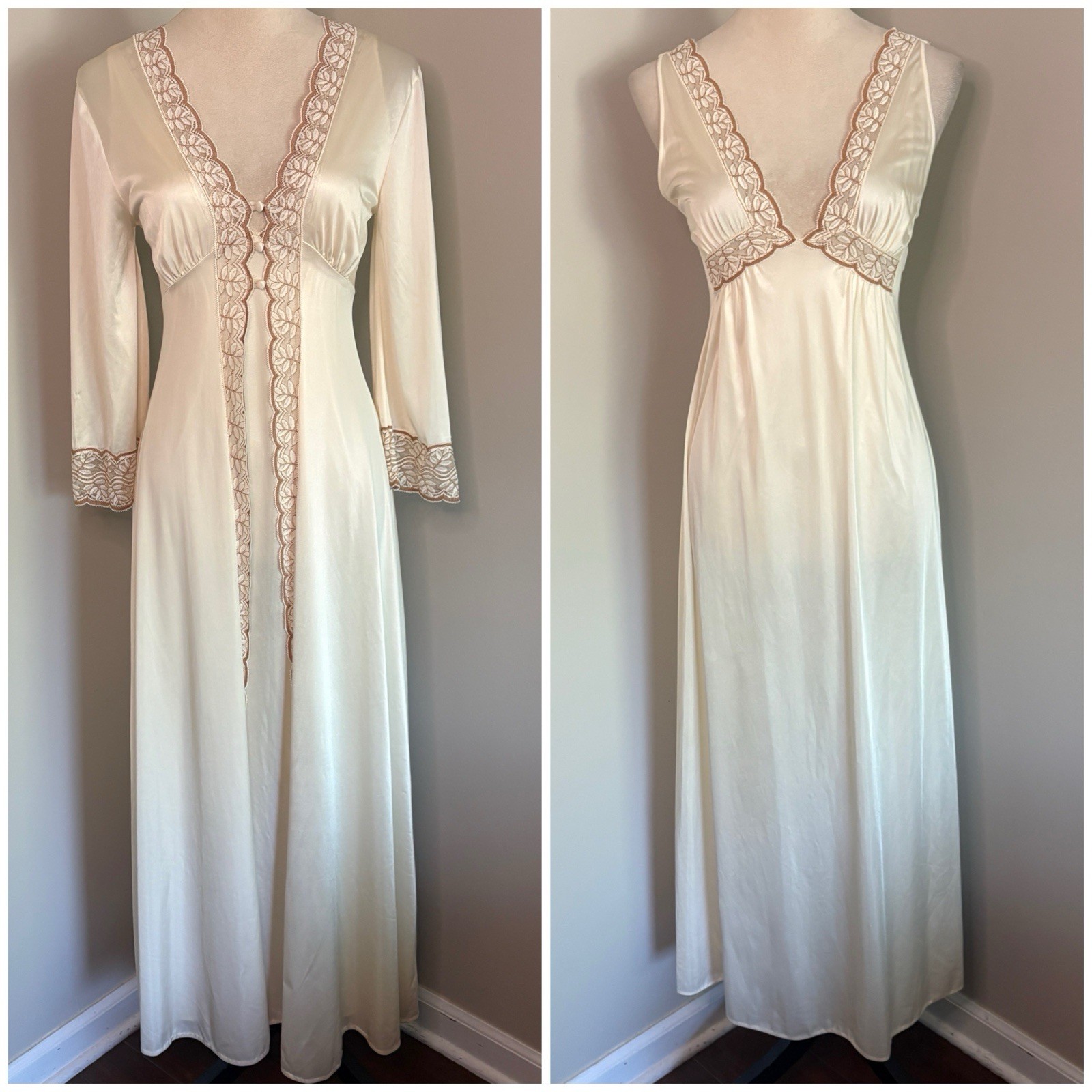VTG Lorraine 70s Peignoir Gown & Robe Set Ivory Satin Brown Lace USA XS Pristine
