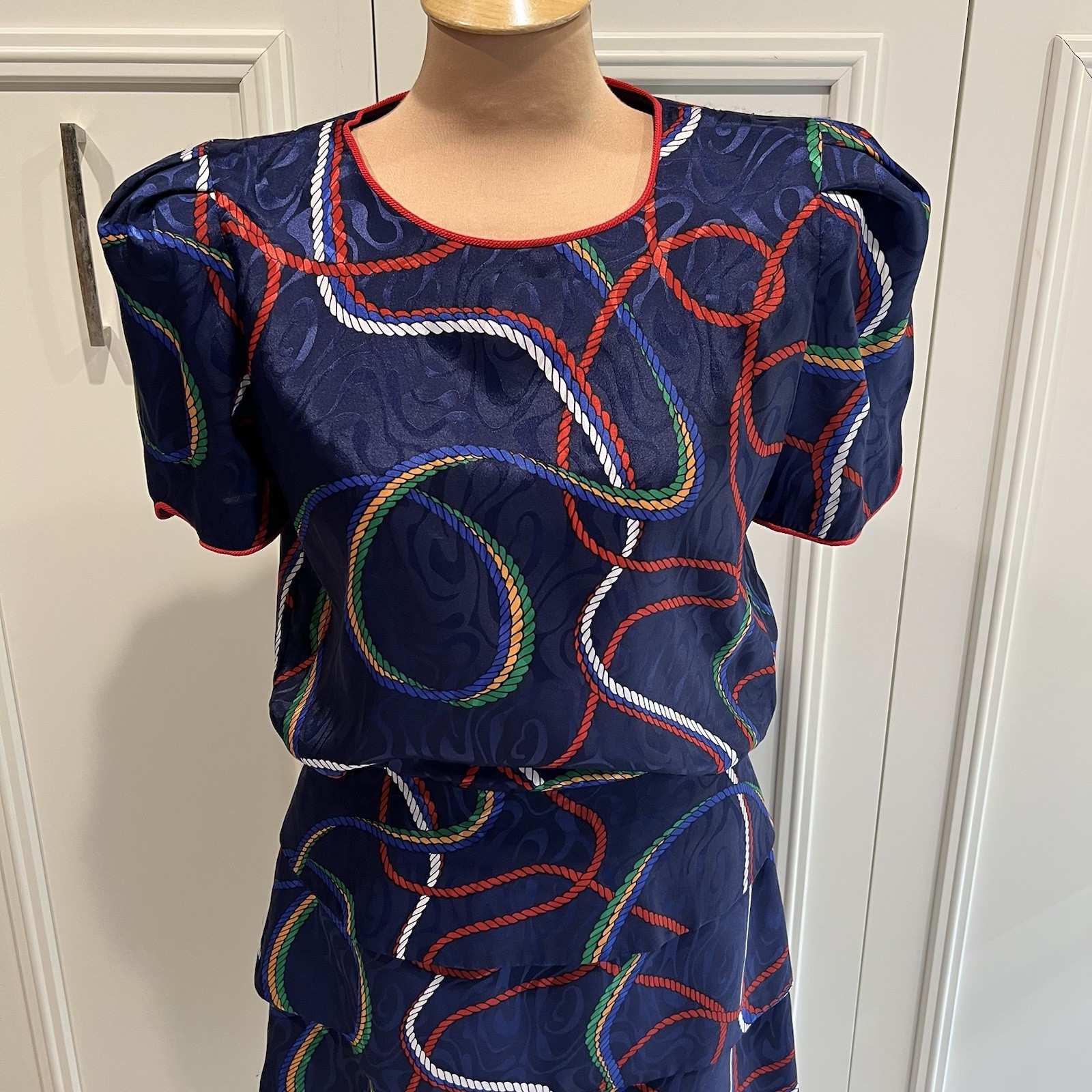 Vintage Sabino Women’s Dress Size 8 Navy Rope Print Tiered Nautical 80s Designer