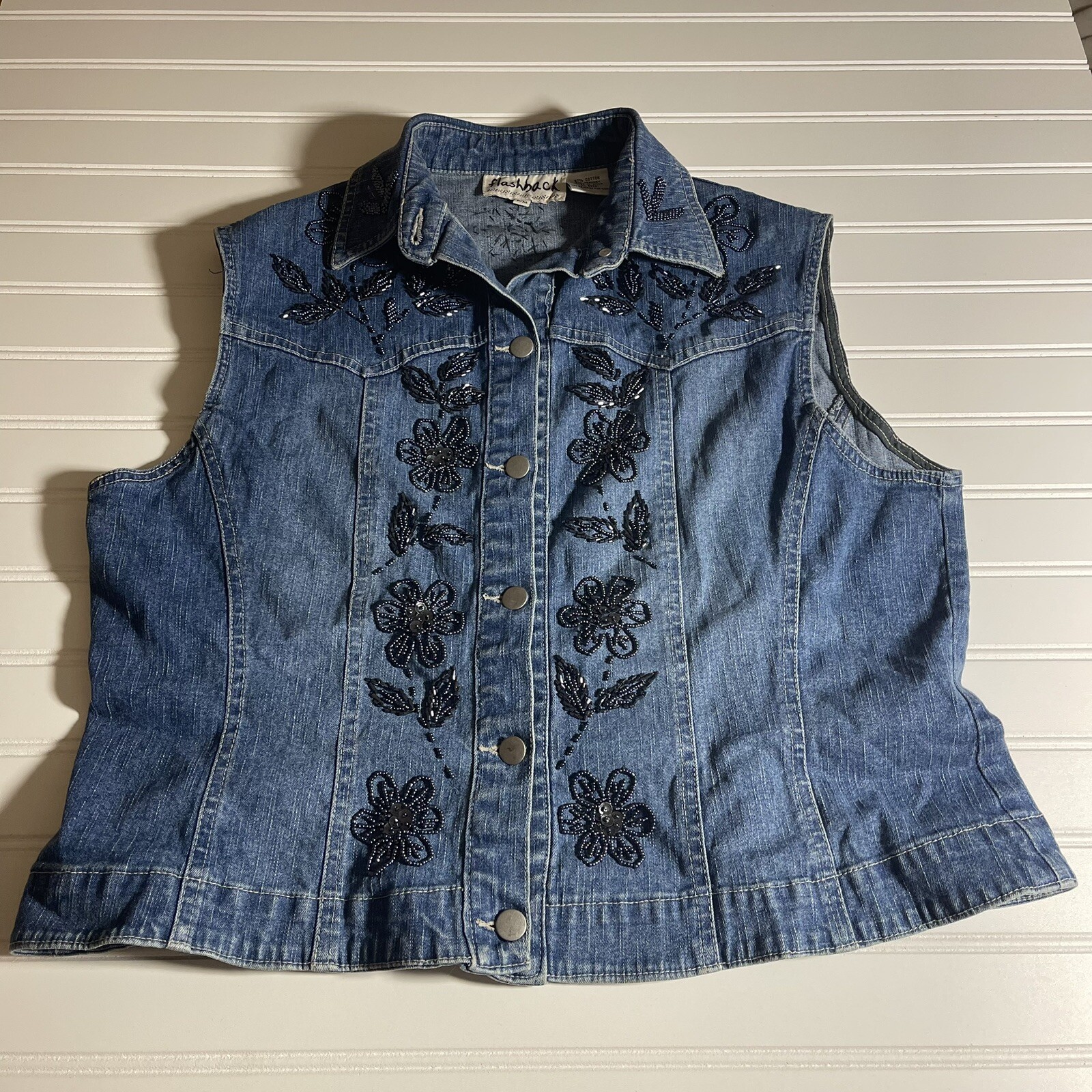 Flashback Vintage 1990’s Womens Beaded Floral Denim Jean Vest – Petite Medium