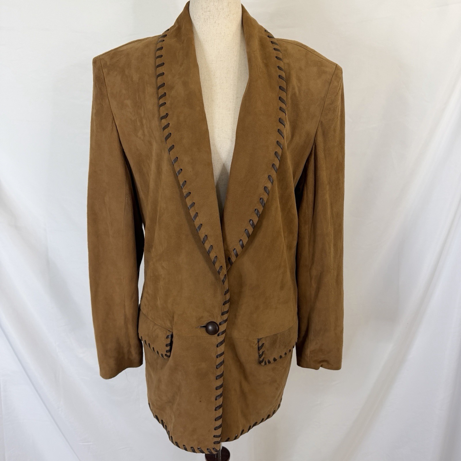 Vintage 90s Vakko Brown Leather Blazer style Jacket Small Whip Stitch Detail