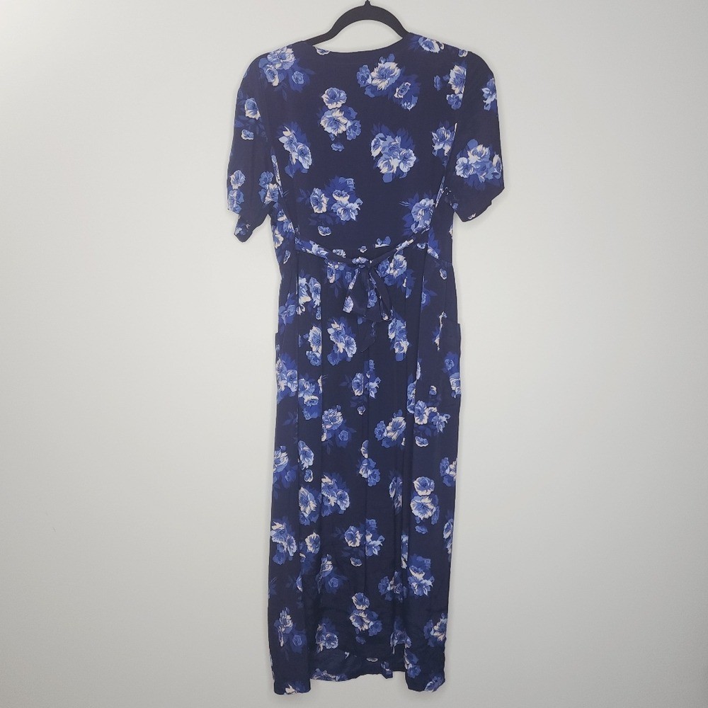Vintage Erika 90s Blue Floral Midi Dress Tieback Cottagecore Rayon M