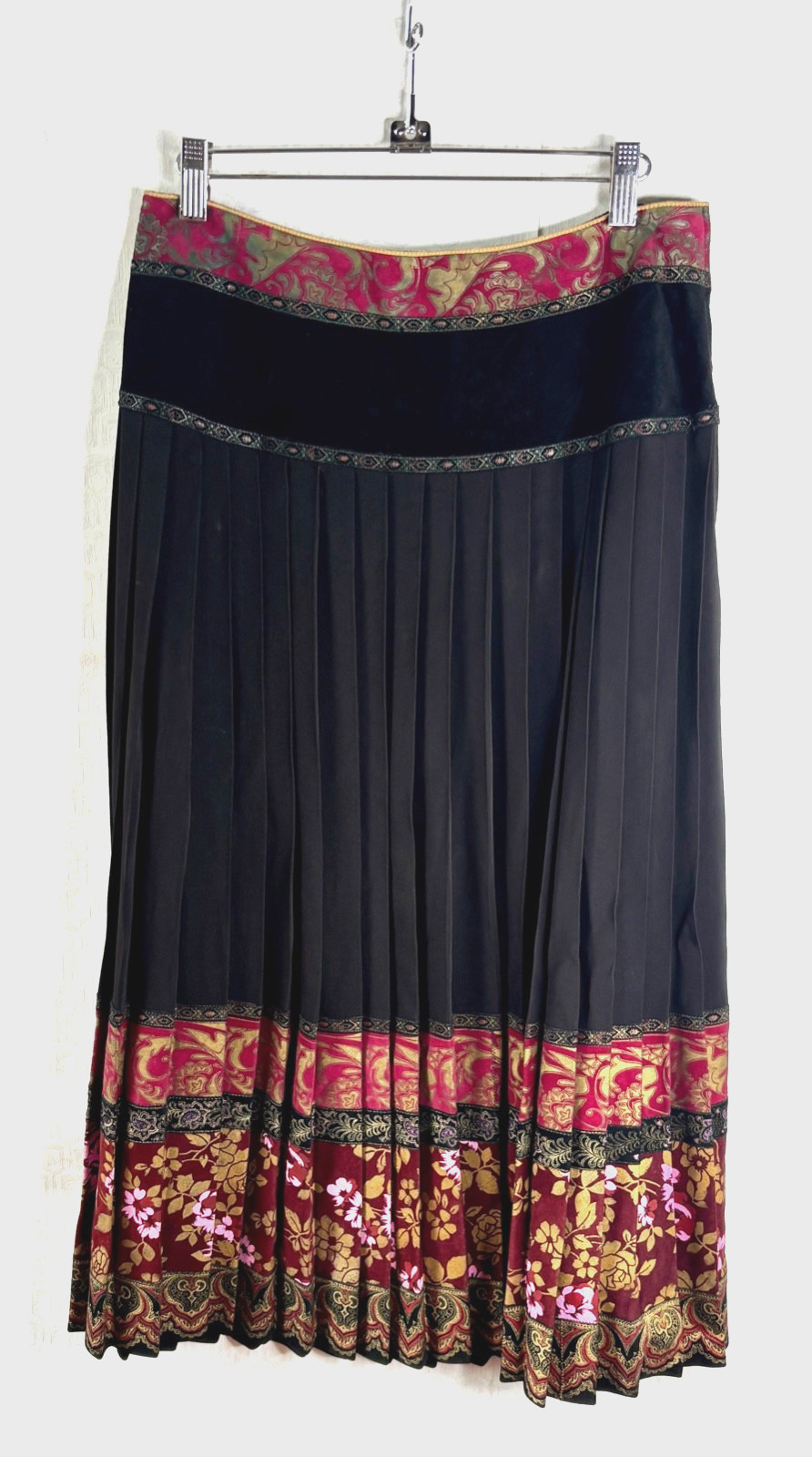 VTG 80s ROBERTO CAVALLI PATCHWORK FLORAL LEATHER&BLACK SILK PLEATED MIDI SKIRT*S
