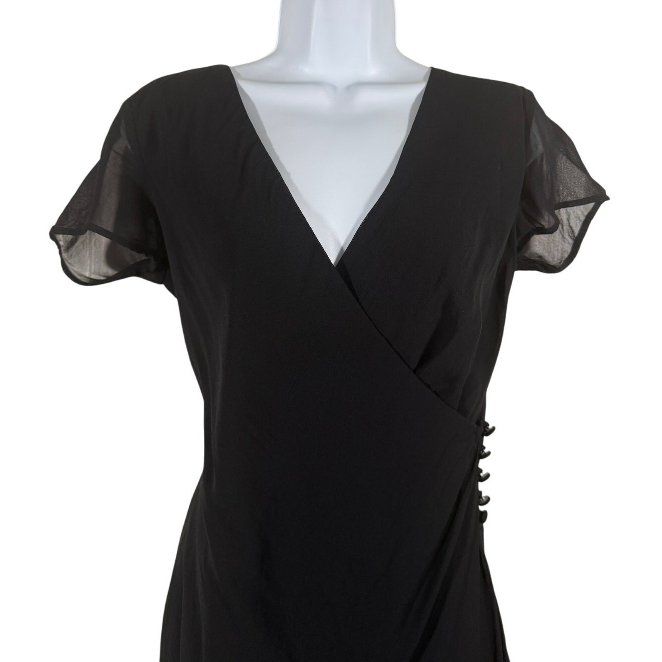 Vintage 90s Tessuto Black Flutter Sleeve Chiffon Button Front Wrap Dress Size M