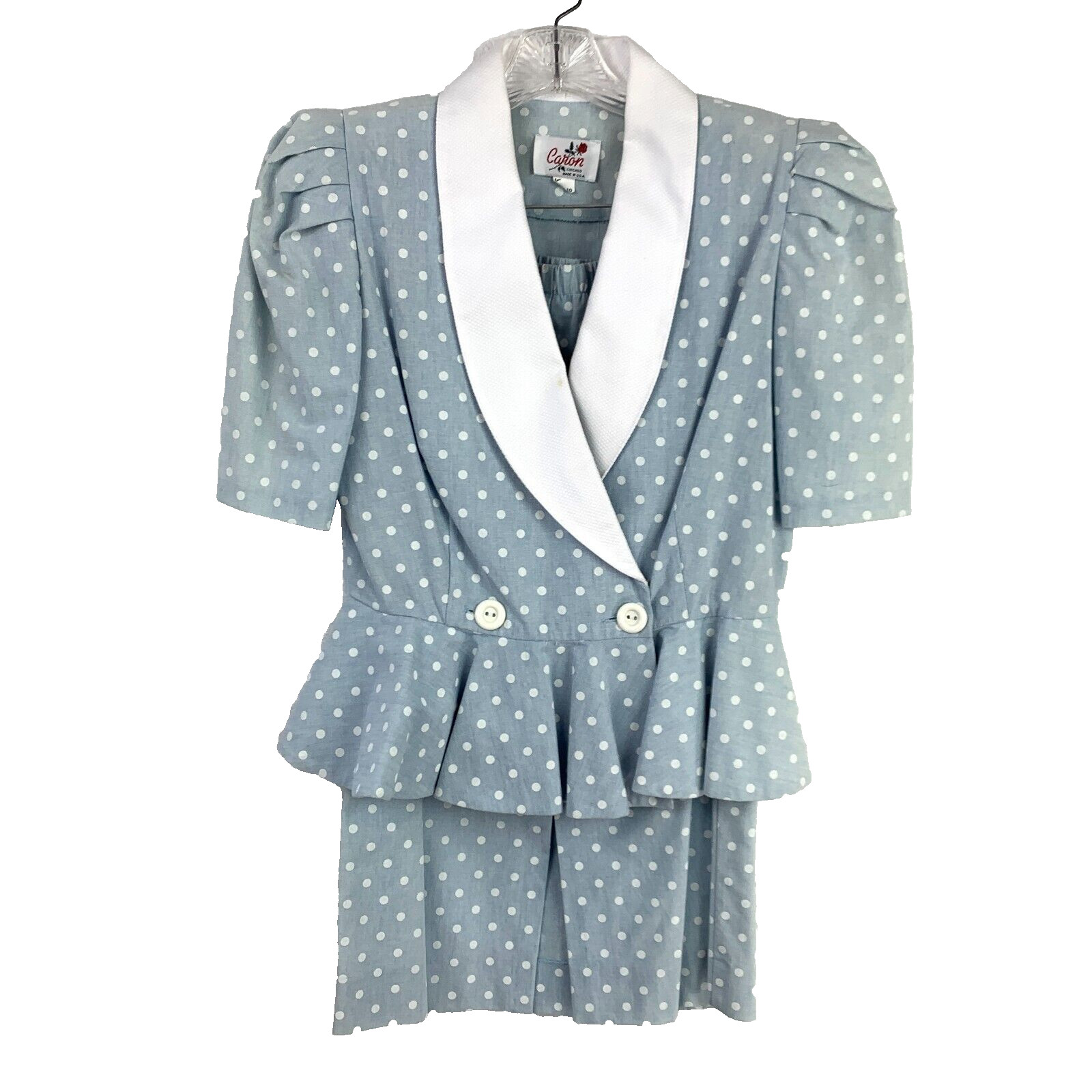 Vintage 80s Caron Blue Gray White Polka Dot Skirt Shirt Outfit Set Size 10