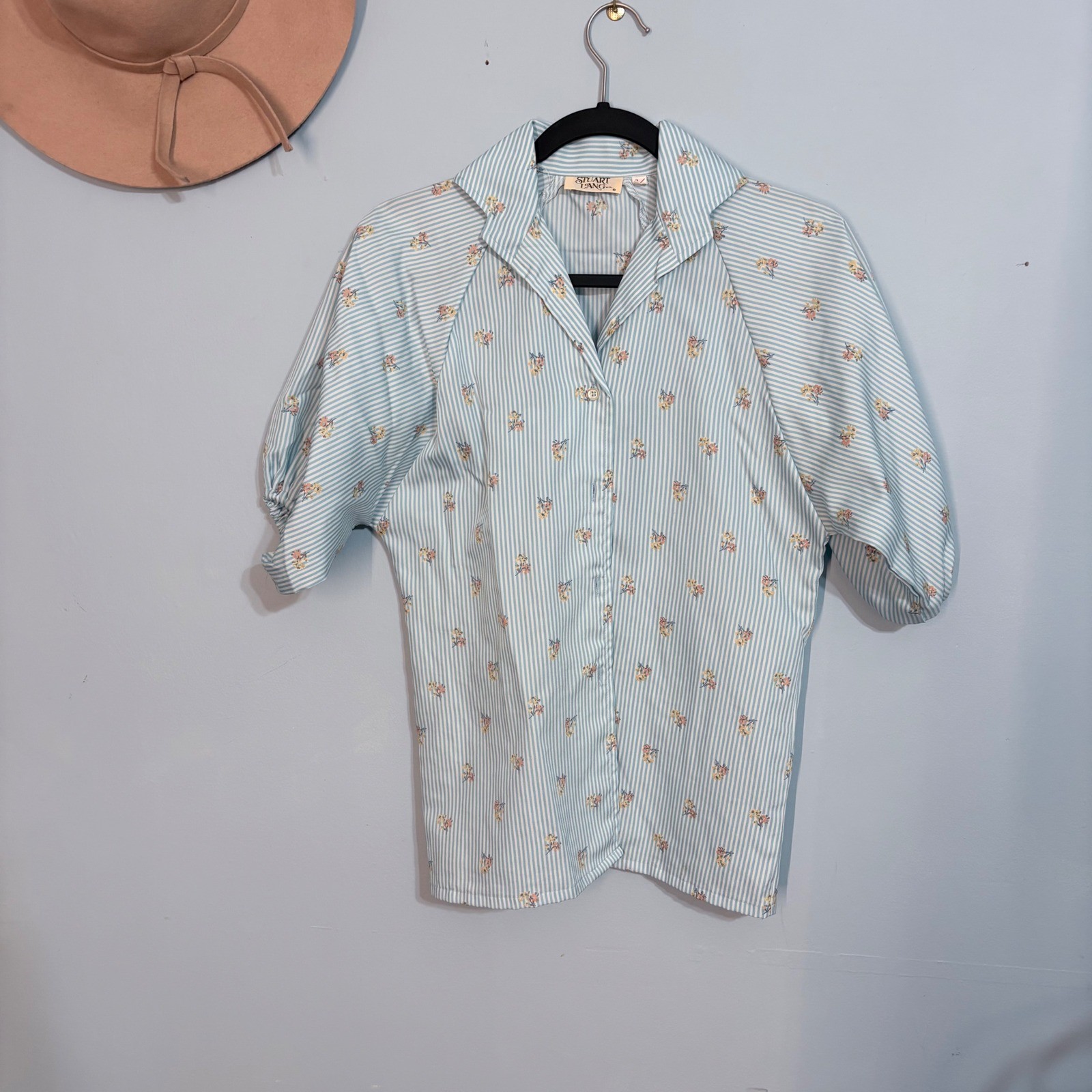 Vintage Stuart Lang 2 Piece Set Blue Striped Floral Blouse & Trousers 3/4