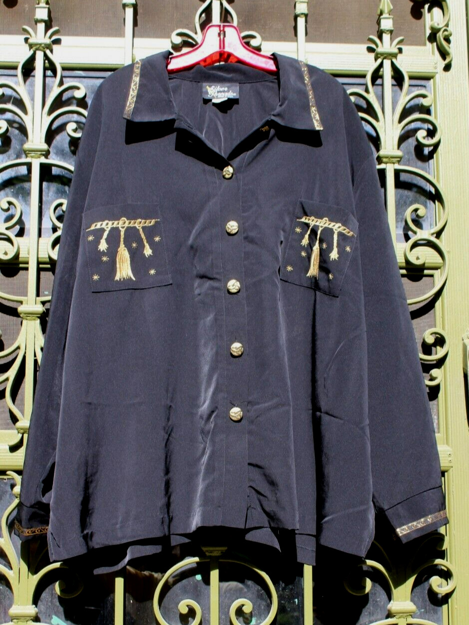 Vintage 1980’s Silver Threads Size 5X Women’s Black Blouse w Gold Accents
