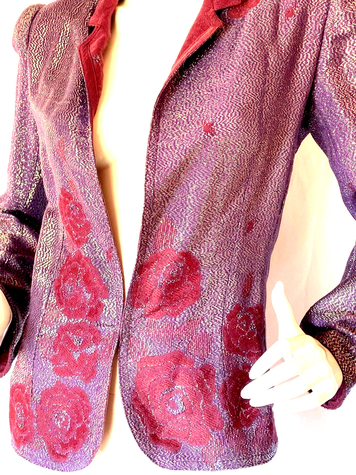 Vintage Krizia Purple Silver Metallic Lurex Evening Jacket W/ Floral Design SZ 6