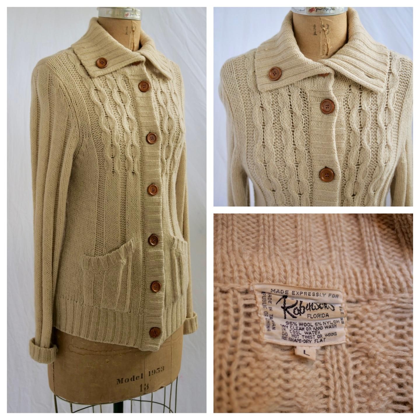 vtg ROBINSON’S Cream Cable Knit Fisherman’s Wool Cardigan Sweater L Cottagecore