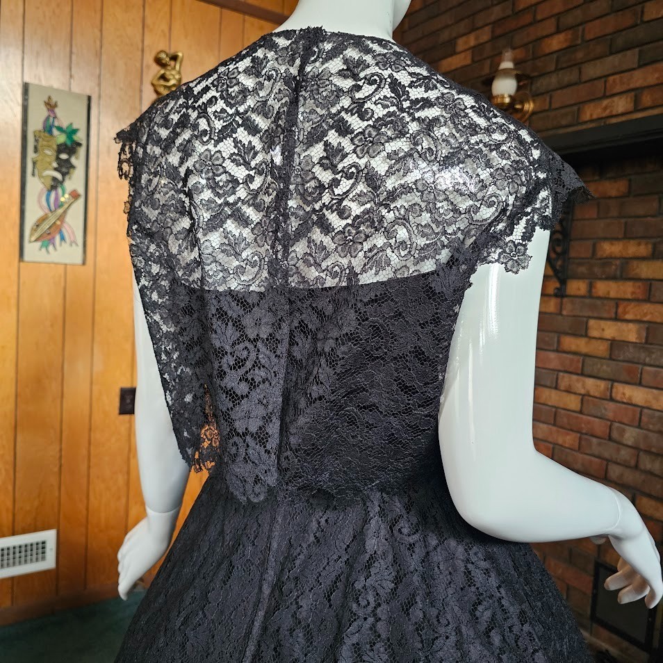 Vintage 1950s Black Lace Circle Prom Evening Cocktail Party Dress w/ Bolero XS/S