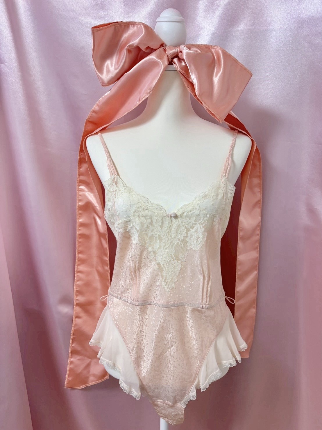 Vintage 1980s Victoria’s Secret Pink Satin Lace Teddy Lingerie Kawaii