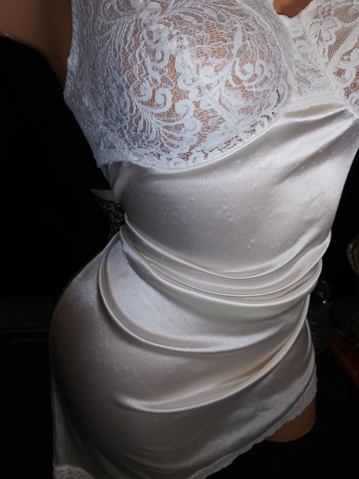 Vtg ANTRON Nylon Dress Slip Spandex Tight Ivory Mini Silky Shaper Baby Doll S 34
