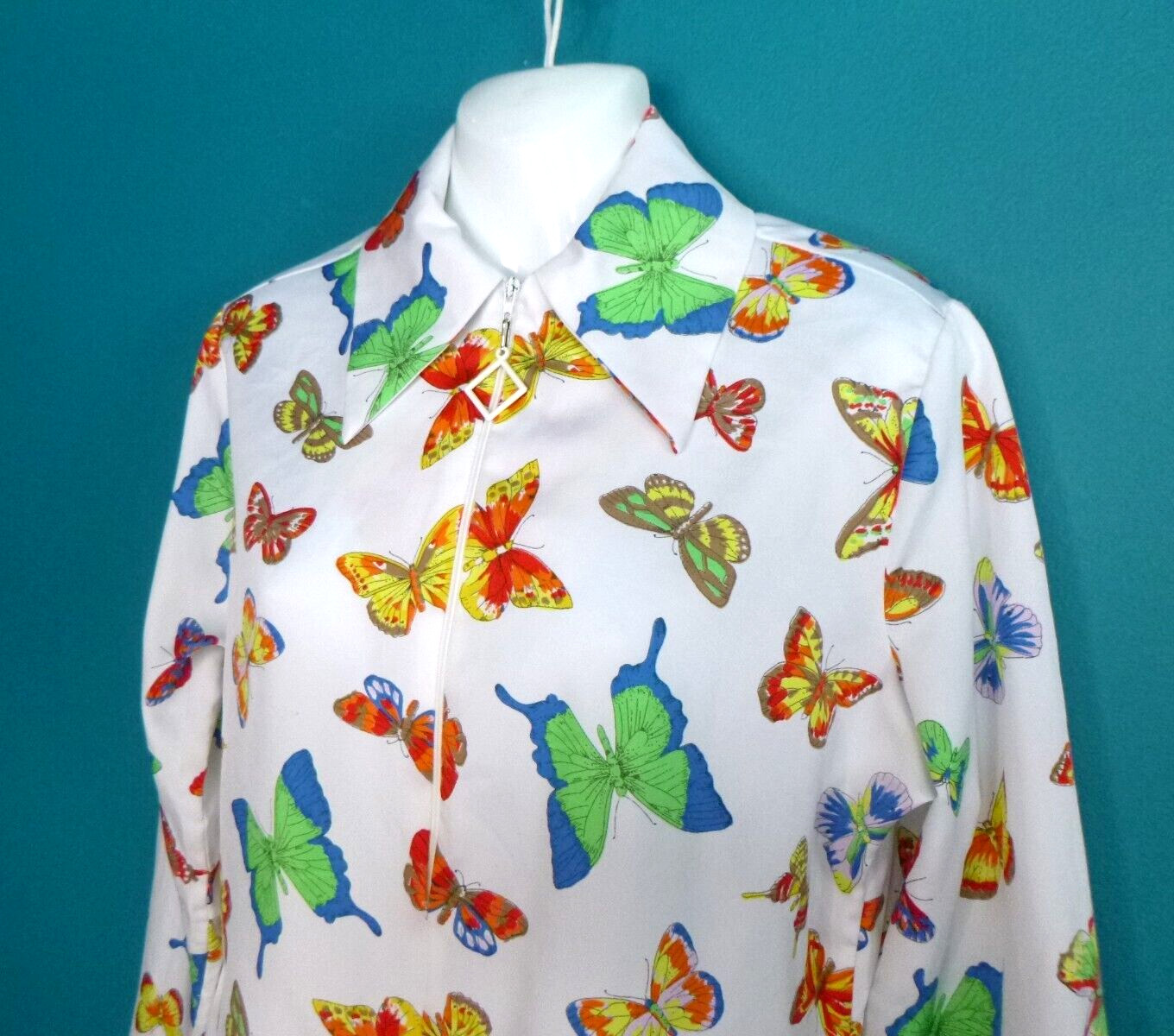 Vtg 70s NPC Fashions Zip Front Woven Poly Shirt Top Colorful Butterflies Sz 34