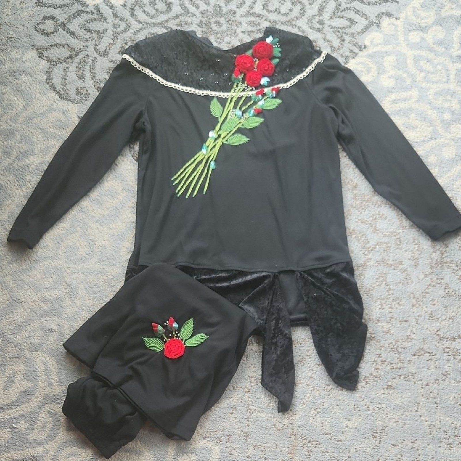 Vintage Lacy Afternoon by Shell Kepler Rose Skirt & Top Set Black Red Medium
