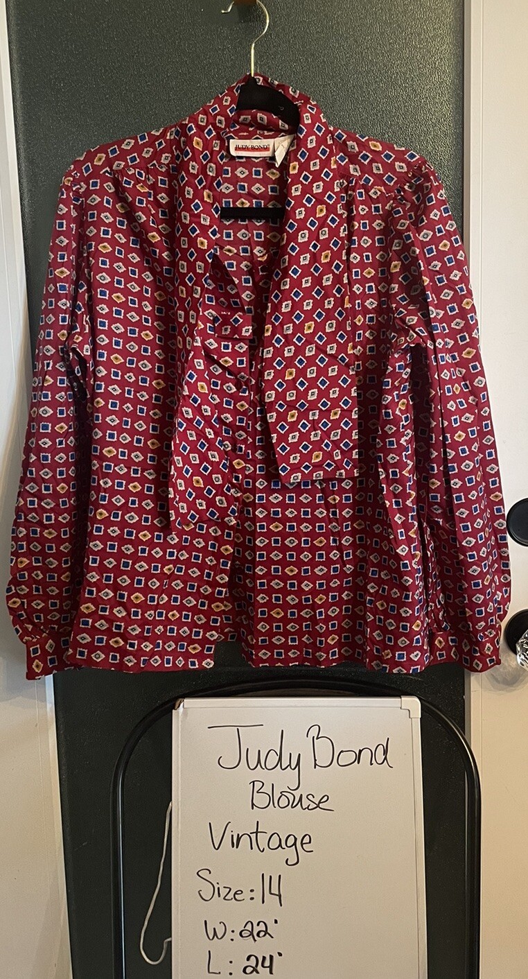 Judy Bond VTG Button Up Blouse W/ Bow Tie Scarf Sz 14