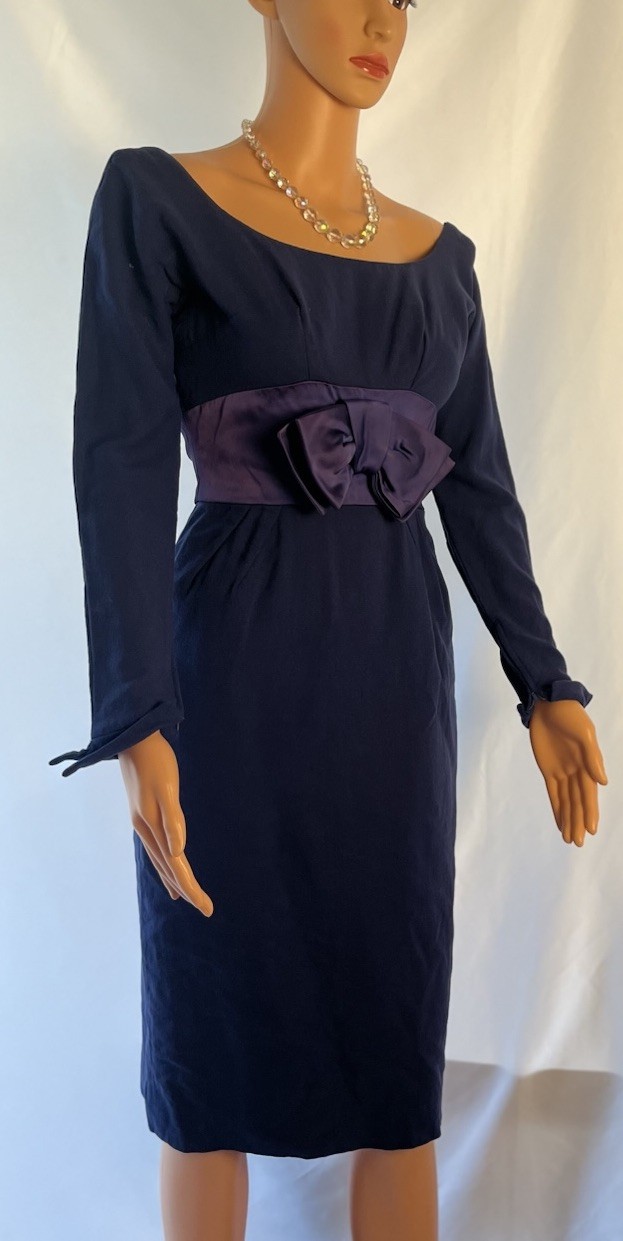 MAM’SELLE Vintage 1950’s Wiggle Dress Navy Blue With Satin Empire, XSmall, Flaw