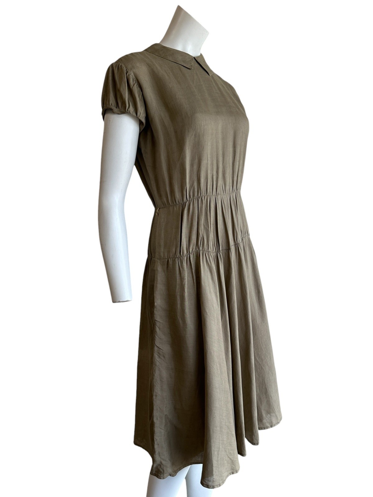 1940s 1950s Olive Green Dress Peter Pan Collar Rayon Linen Feel