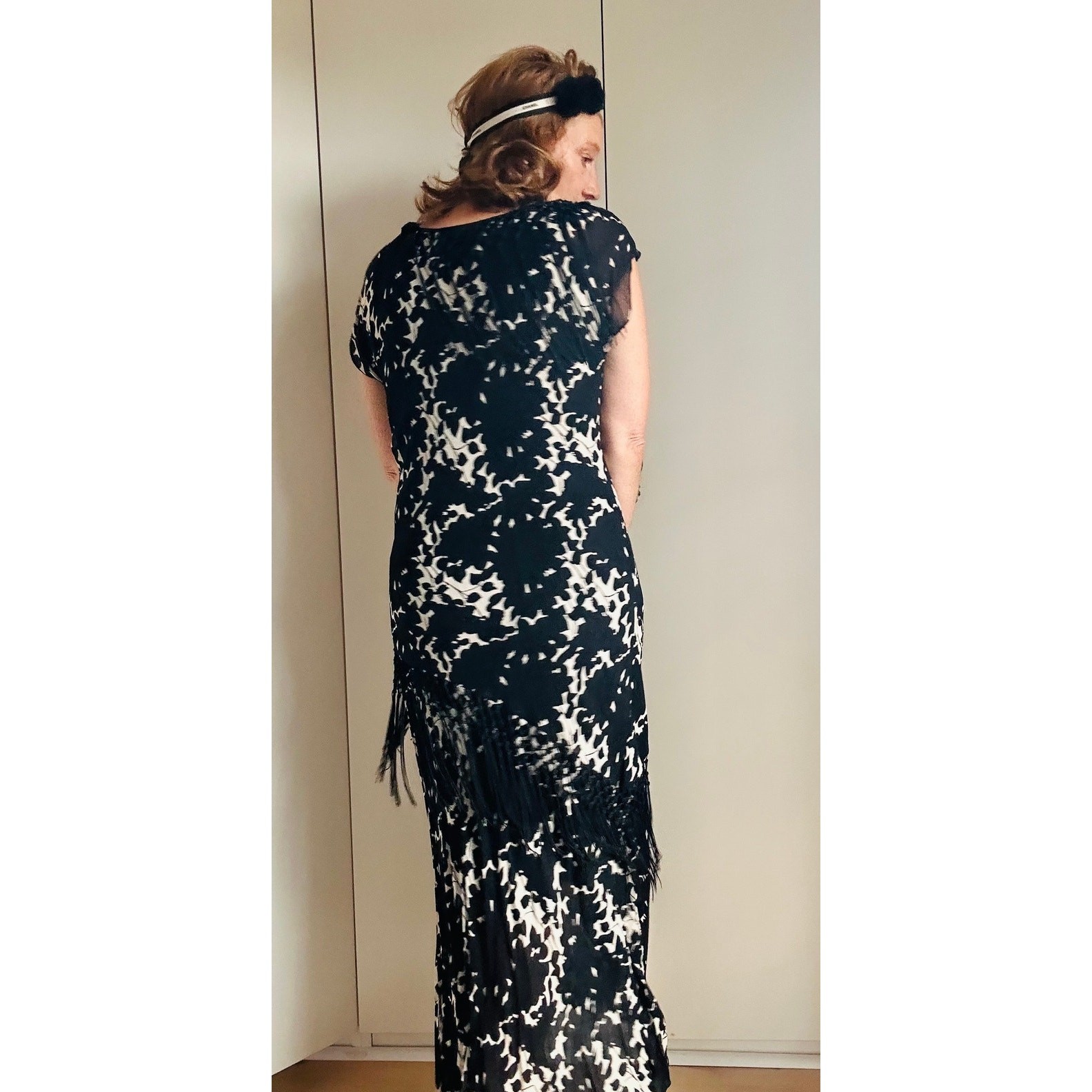 VTG 90s Sheer Black Floral Fringe Neckline Bias Cut Fairy Midi Dress Piano Shaw