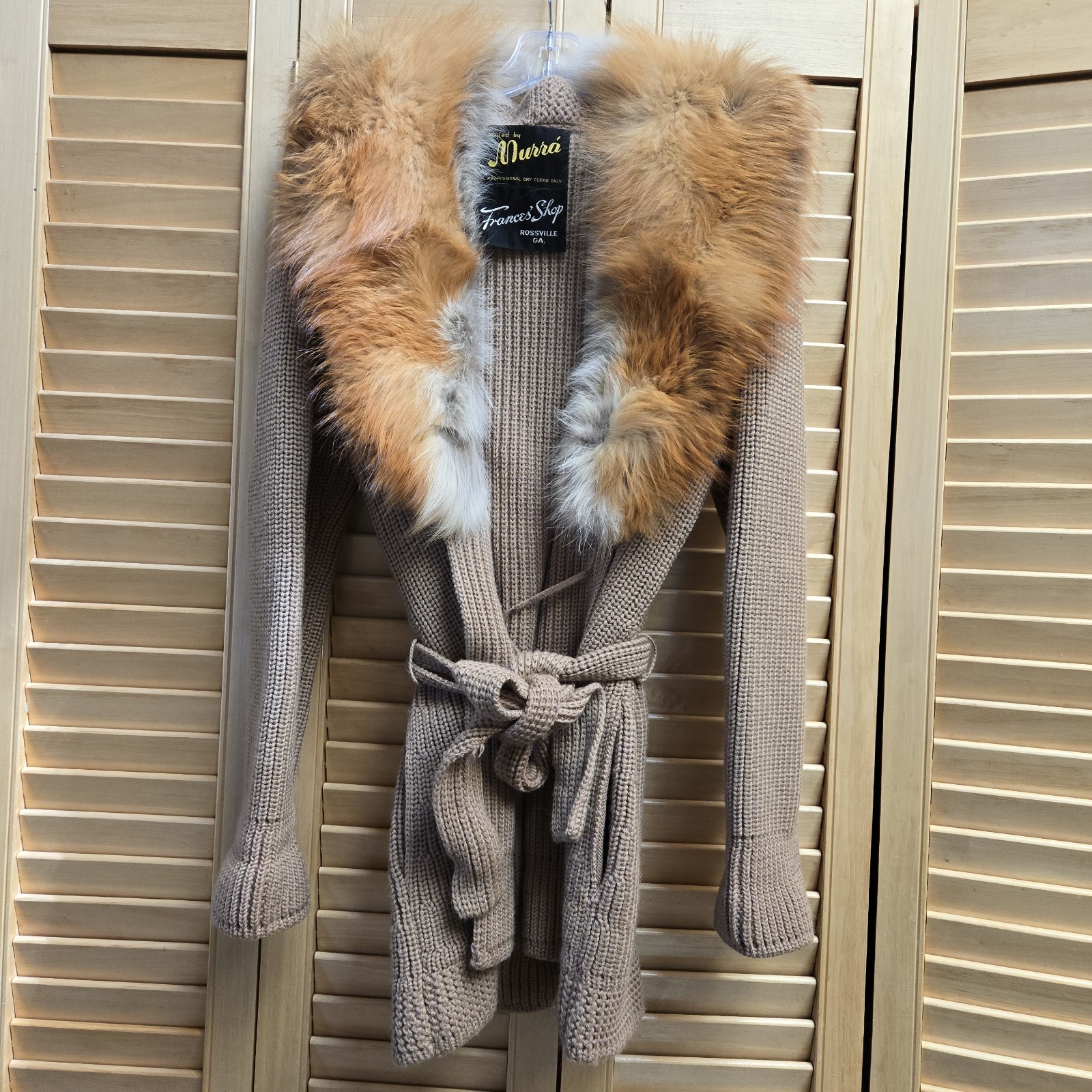 Vintage Murra Furs Collar Ruff Camel Colored Belted Open Front Cardigan Jacket S