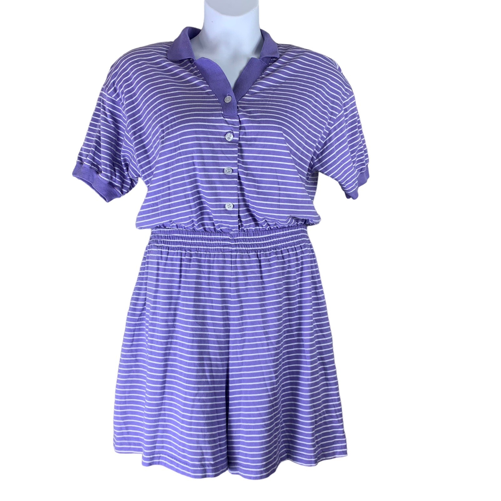 Vintage Romper Striped Purple White Collared Pockets Basic Editions Size XL
