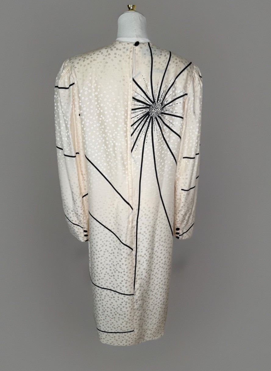 VTG David Hayes Saks Fifth Ave Silk Sheath Dress Ivory Black Size 12 L