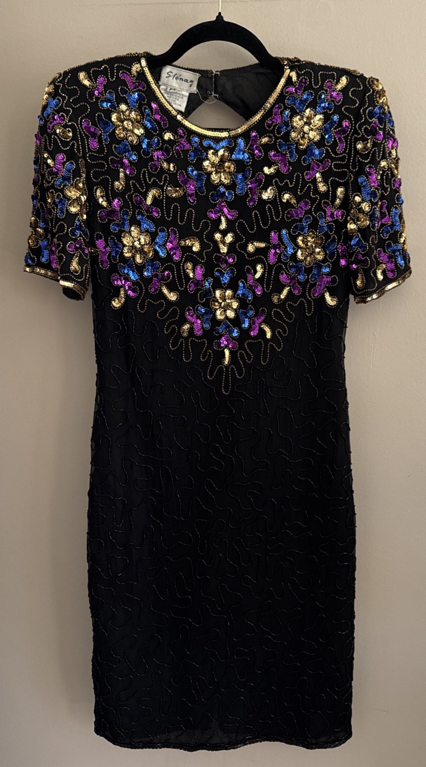 STENAY VTG 1980’s 100% Silk Dress Petite 4 P4 Black Embroidered Sequins EUC